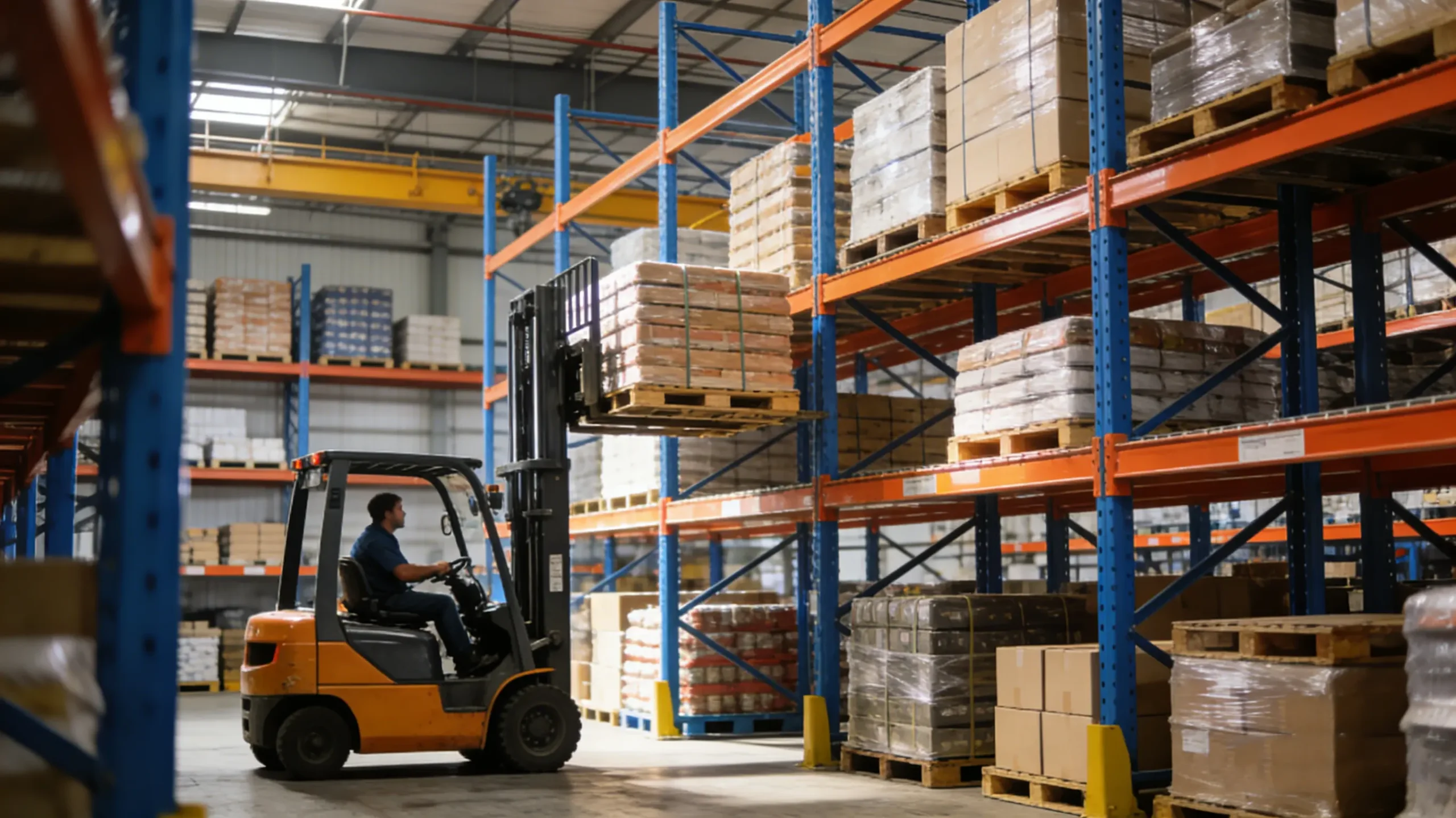 The forklift is using pallets to place items onto the shelves.